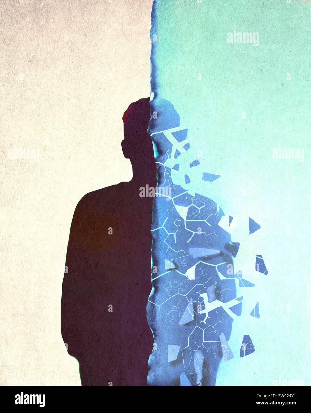 Illustration of silhouette of disintegrating man Stock Photo - Alamy