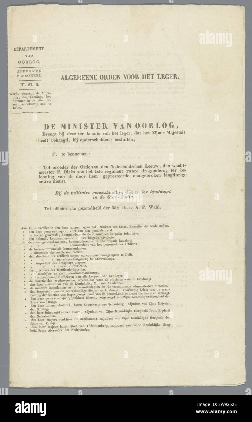 General Order for the Army, Frederik Carel List, 1843 document Three  numbered and printed pp (double folded paper paper). P.3: October 9th.  Marked; Watermark: Lion in Fence. Inscription; p.1.: the Minister of