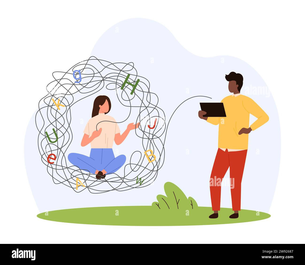 Speech therapy for patients with dyslexia disability vector illustration. Cartoon tiny pathologist teaching girl with problem of reading and communication sitting inside chaos of letters and threads Stock Vector