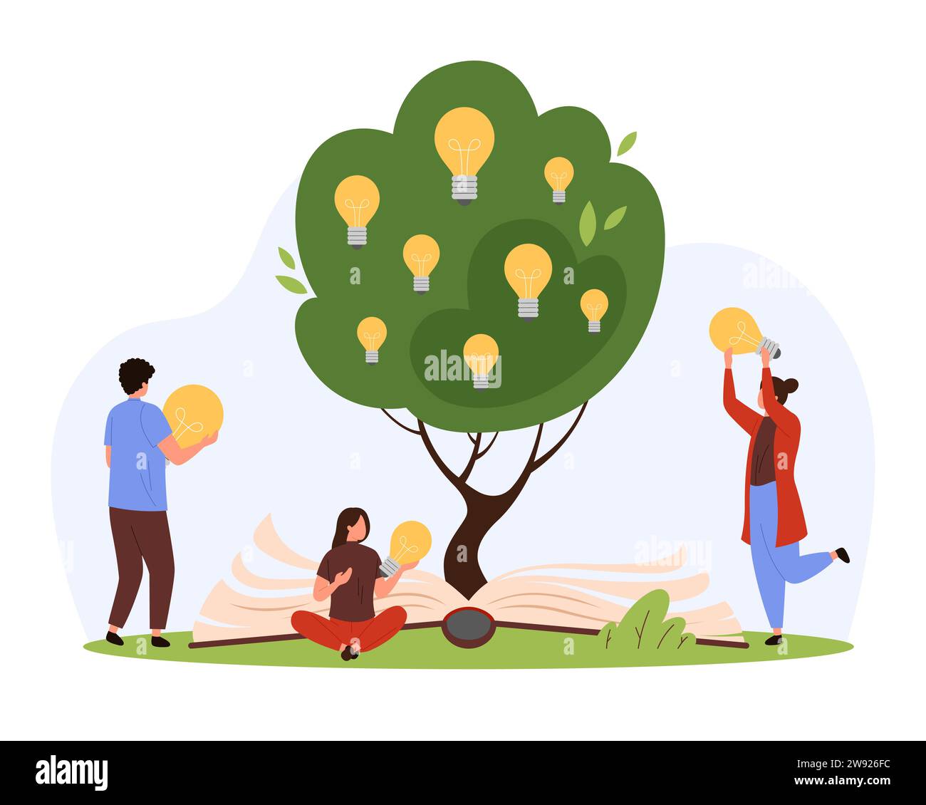 Knowledge tree growing from open paper book, new creative ideas and inspiration from studying. Tiny people holding light bulbs, wisdom from reading library literature cartoon vector illustration Stock Vector