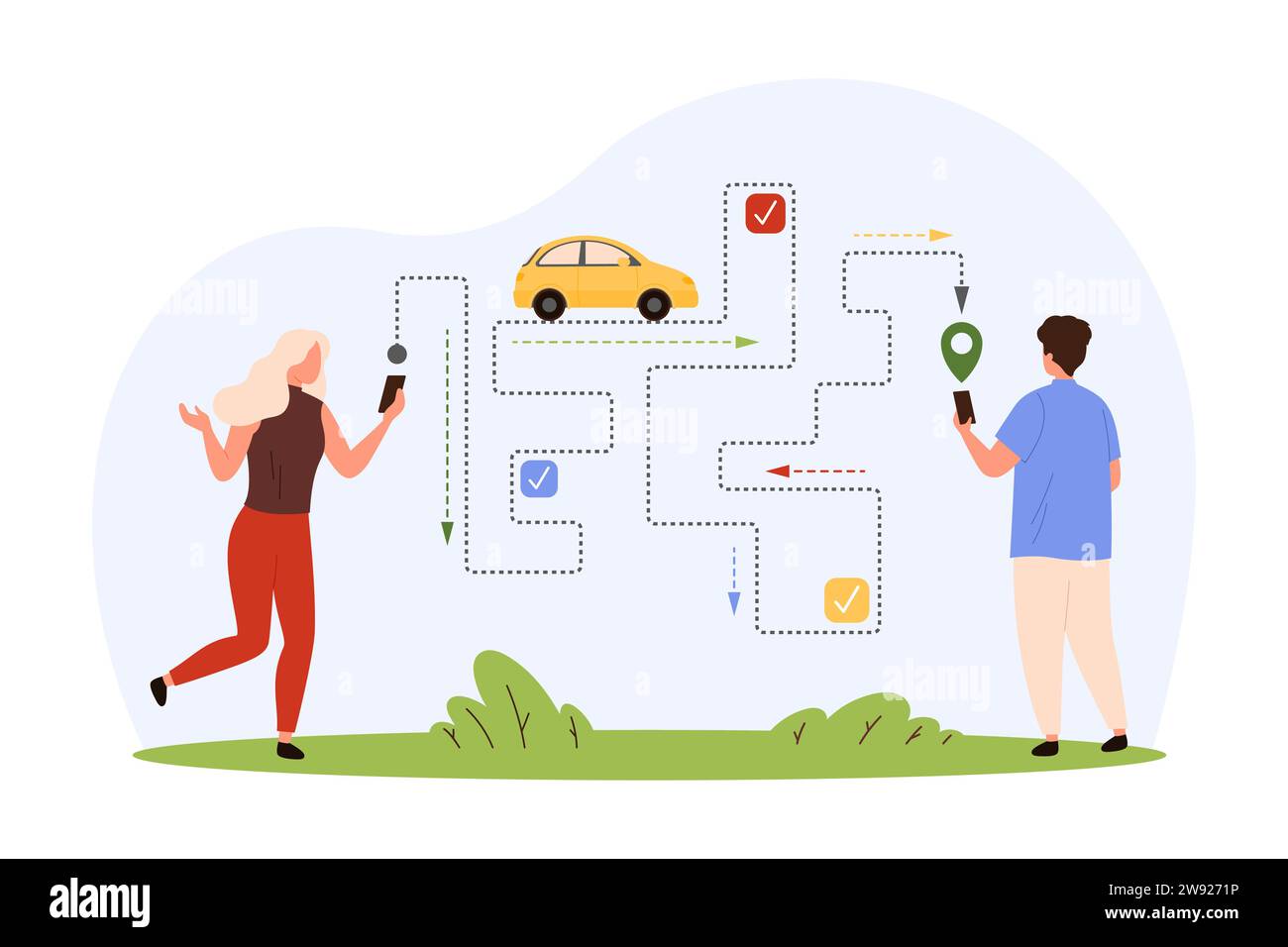 GPS navigation mobile app for car travel vector illustration. Cartoon tiny people search for route to destination on city map, use navigator software and smart guide in smartphone for positioning Stock Vector