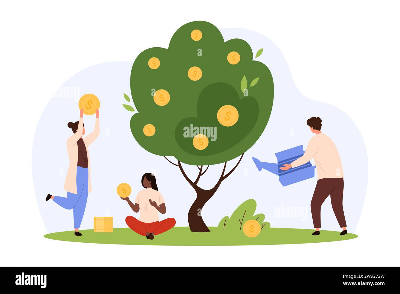 Financial investment growth, increase earning profit and capital gain vector illustration. Cartoon tiny people watering money tree, investors growing plant with gold dollar coins, success strategy Stock Vector