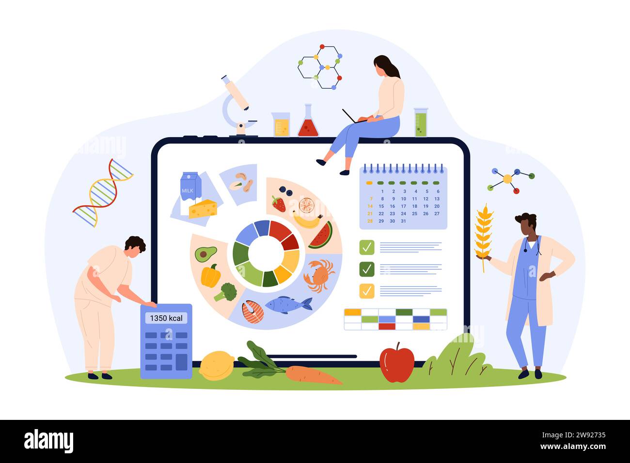 Food diary for weight loss, calorie calculator in online app. Tiny people using planner service