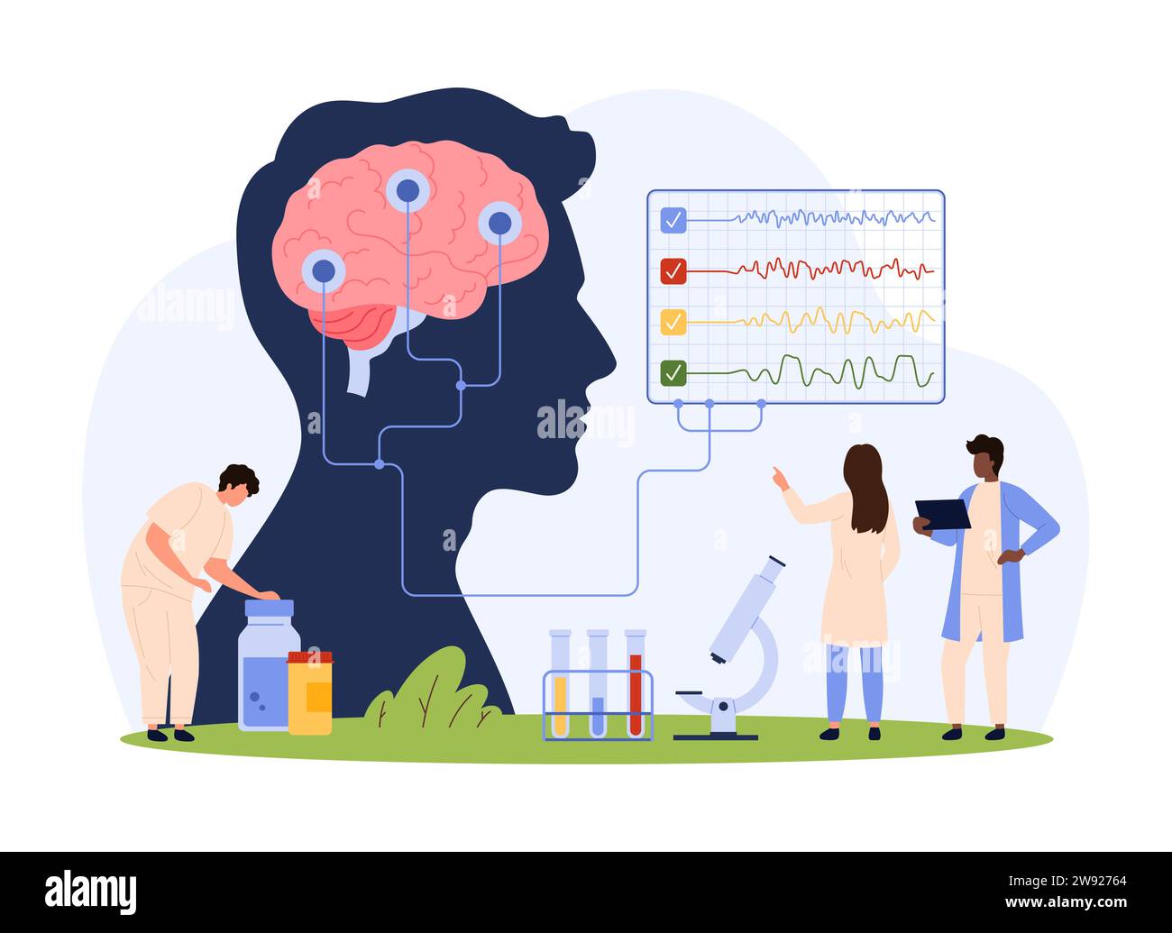 Scientific brain disease research vector illustration. Cartoon tiny people test human brain in patients head through sensors connected to lab EEG machine, neurologists examine electroencephalography Stock Vector