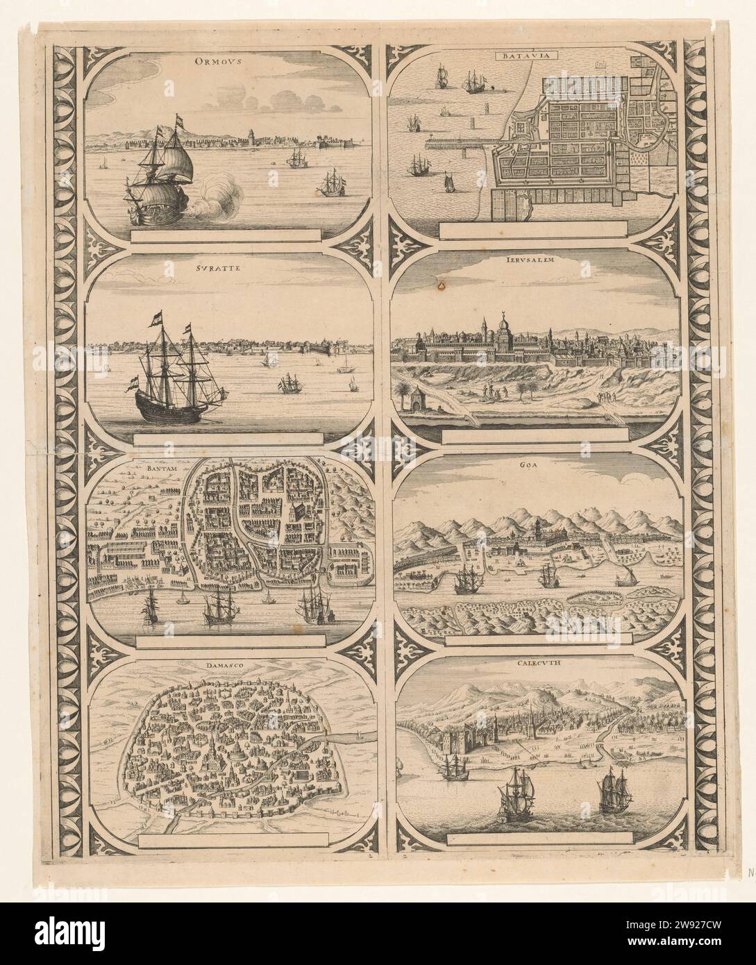 Ormovs / Svrattte / Bantam / Damasco / Batavia / Iervsalem / Goa / Calecvth, anonymous, 1670 - 1672 print Leaf with two vertical strips each with four faces on the cities in Asia: Hormoz, Suratte, Bantam, Damascus, Batavia, Jerusalem, Goa and Calcutta. Uncuted leaf with eight edge figures intended to stick in strips as a frame to stick a map of a continent. Amsterdam paper etching maps of cities. prospect of city, town panorama, silhouette of city Hormoz, Jazih-YE. A picture. My bandam. Damscus. Battery. Woundower. Goa. Colocking Stock Photo