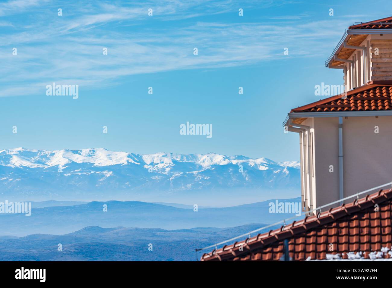 View of Building architecrure, rooftop part of apartment . And mountain peak ...