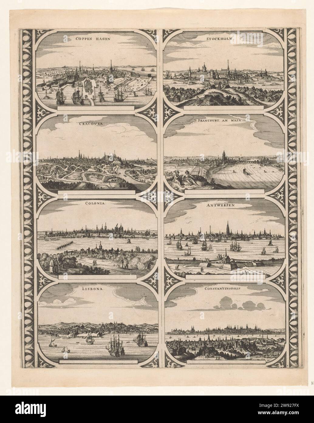 Coppen Hagen / Cracovia / Colonia / Lisbona / Stockholm / Francfurt am Main / Antwerp / Constantinopolis, Anonymous, 1670 - 1672 print Leaf with two vertical strips, each with four faces on cities in Europe: Copenhagen, Krakow, Cologne, Lisbon, Stockholm, Frankfurt am Main, Antwerp and Constantinople. Numbered below: 2. Unsitured leaf with eight edge figures intended to stick a map of a continent in strips as a frame. Amsterdam paper etching maps of cities. prospect of city, town panorama, silhouette of city Copenhagen (City). Krakow. Cologne. Lisbon. Stockholm. Frankfurt am Main. Antwerp. Con Stock Photo