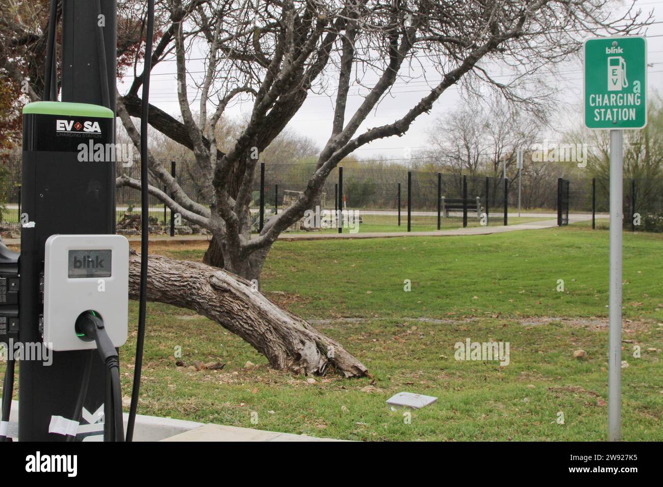 San Antonio, USA. 23rd Dec, 2023. A Blink EV charging station at