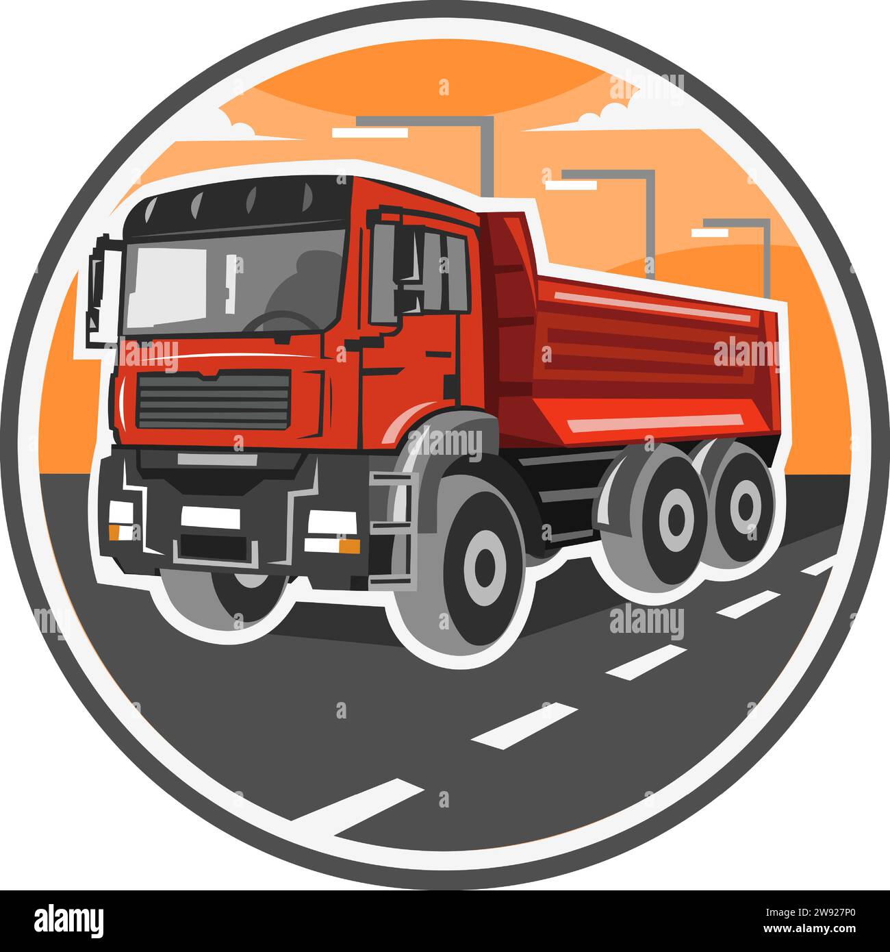 Red construction truck vector image in circle with road and highway landscape during driving. Stock Vector