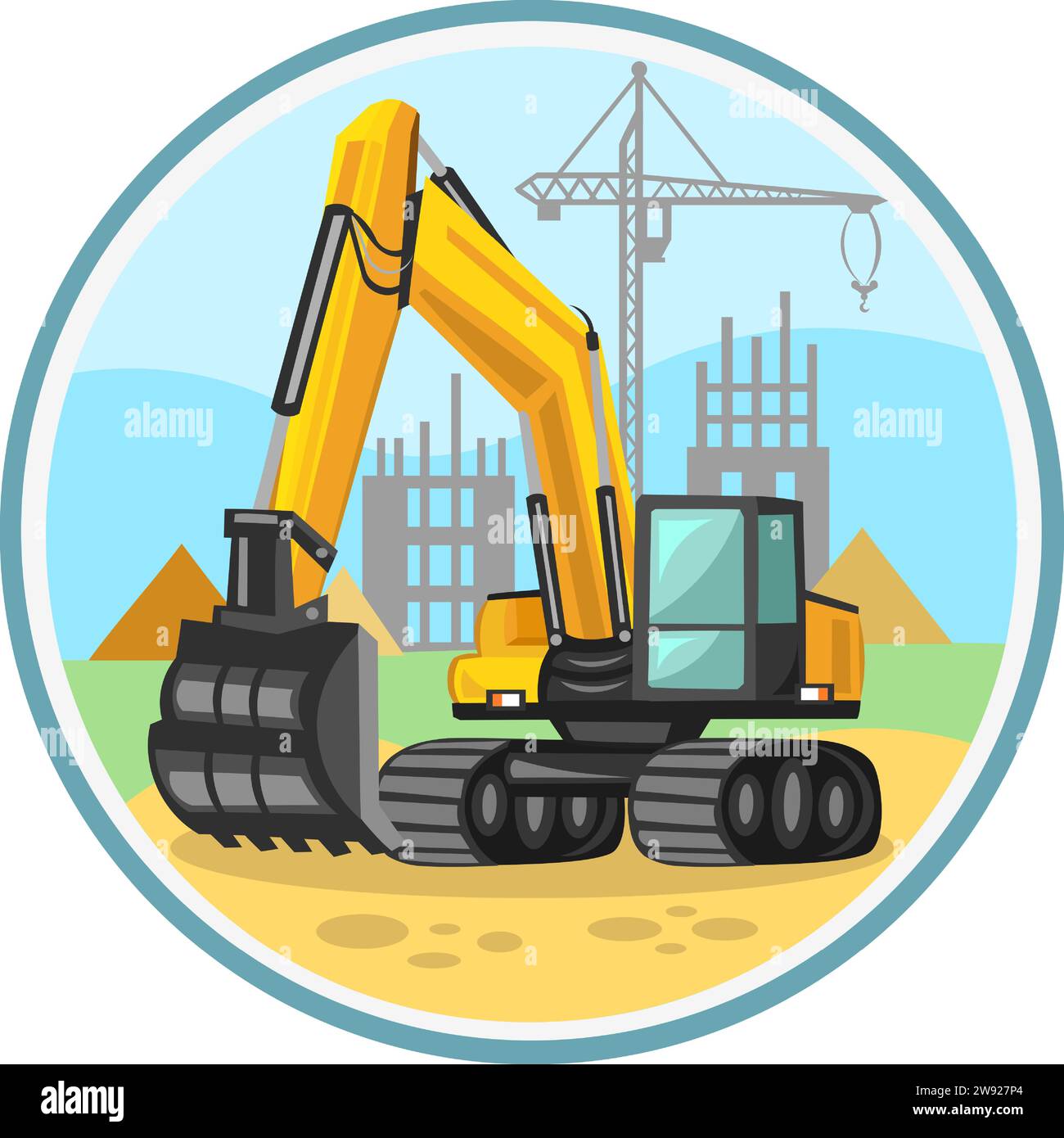 Yellow building excavator vector image in circle with construction area