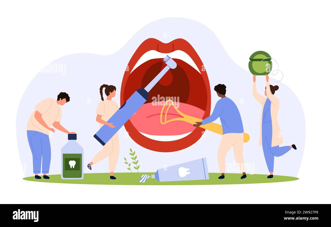 Personal hygiene of oral cavity, gums and teeth at home.. Tiny people