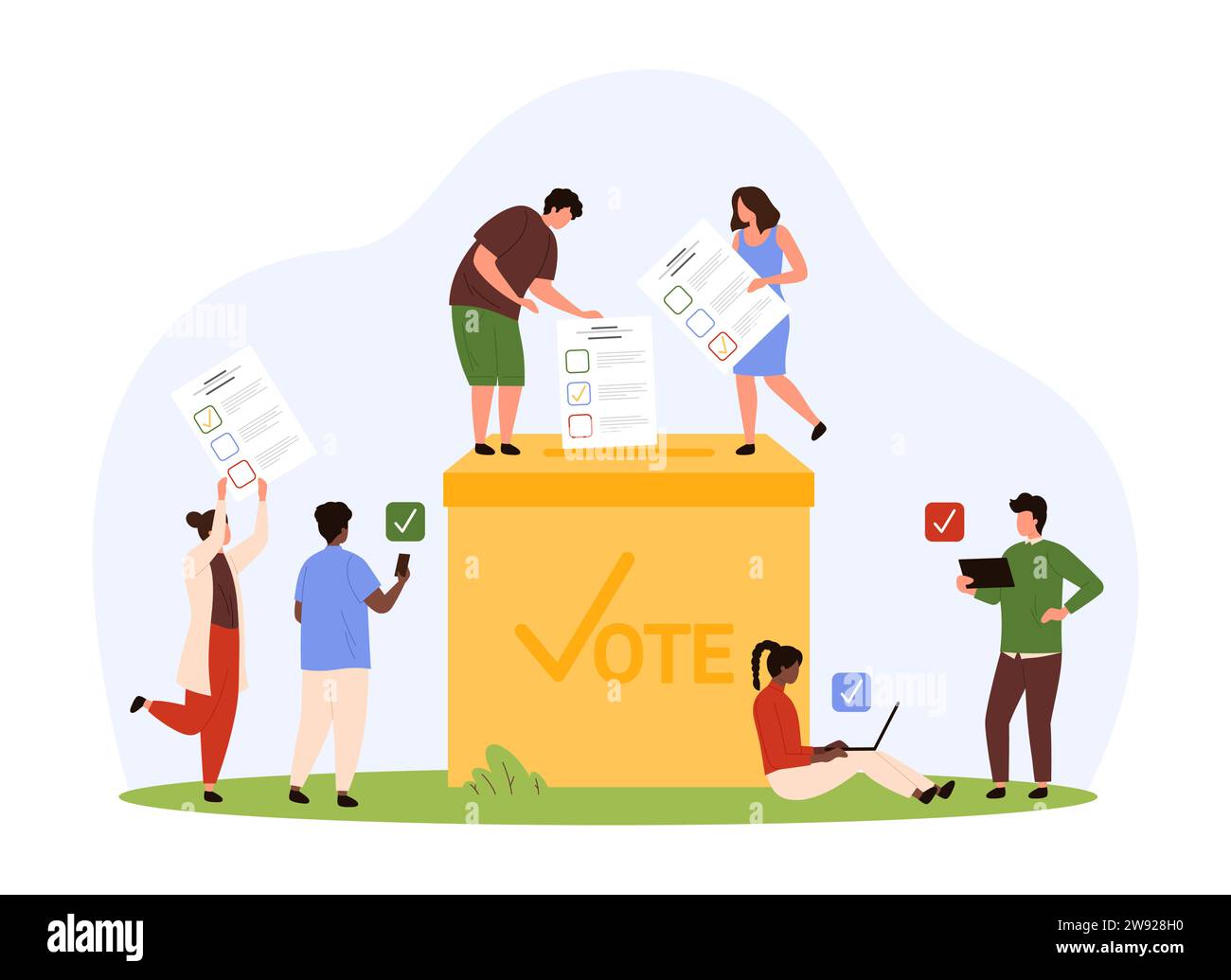 Referendum and democracy election, poll choice event for citizens. Voting process of tiny people throwing paper ballots into vote box, voters characters with survey lists cartoon vector illustration Stock Vector