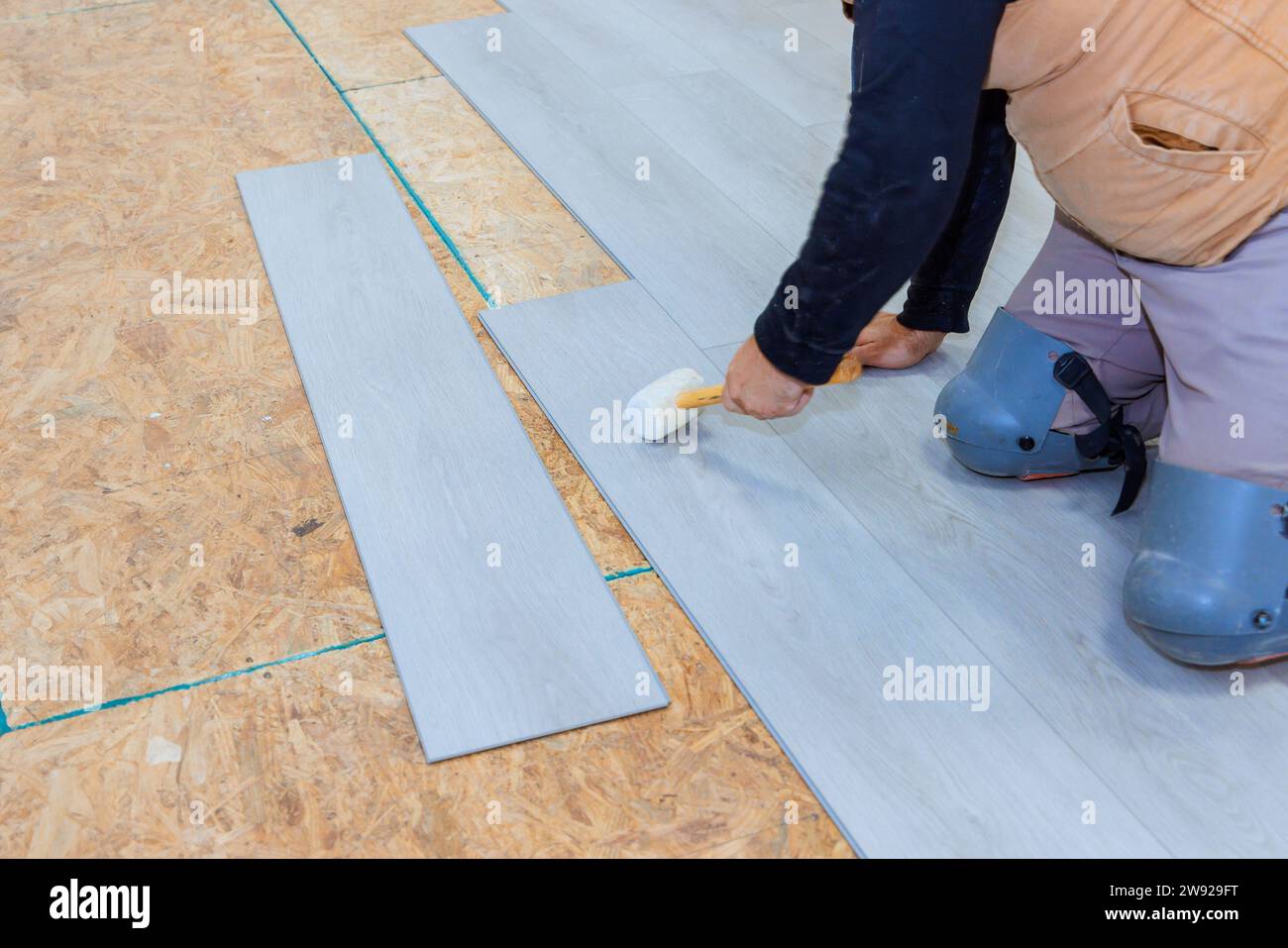 Installing vinyl laminate on floor of new home Stock Photo