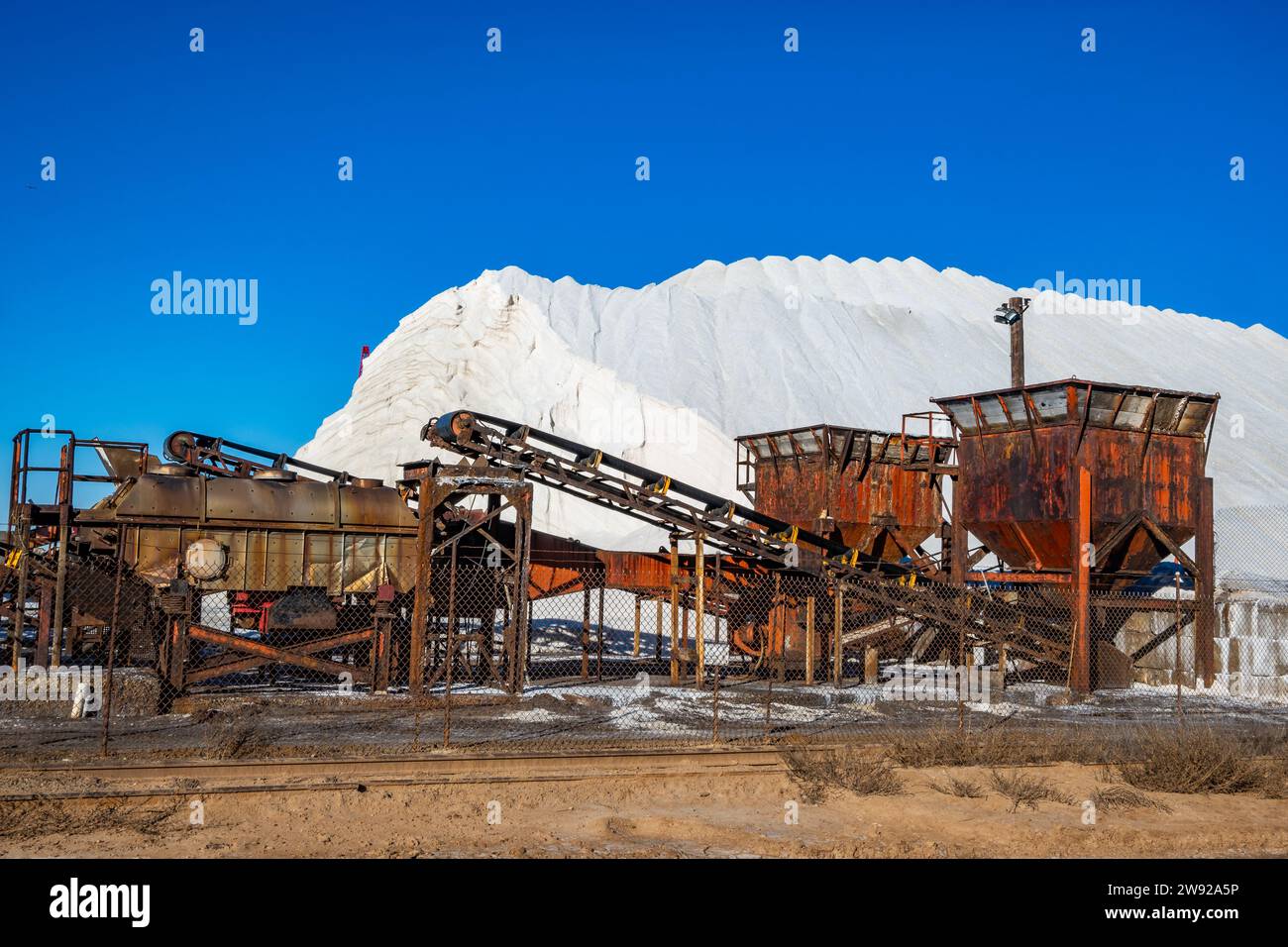 Historical salt work with rusty equipments in Southern California, USA. Stock Photo