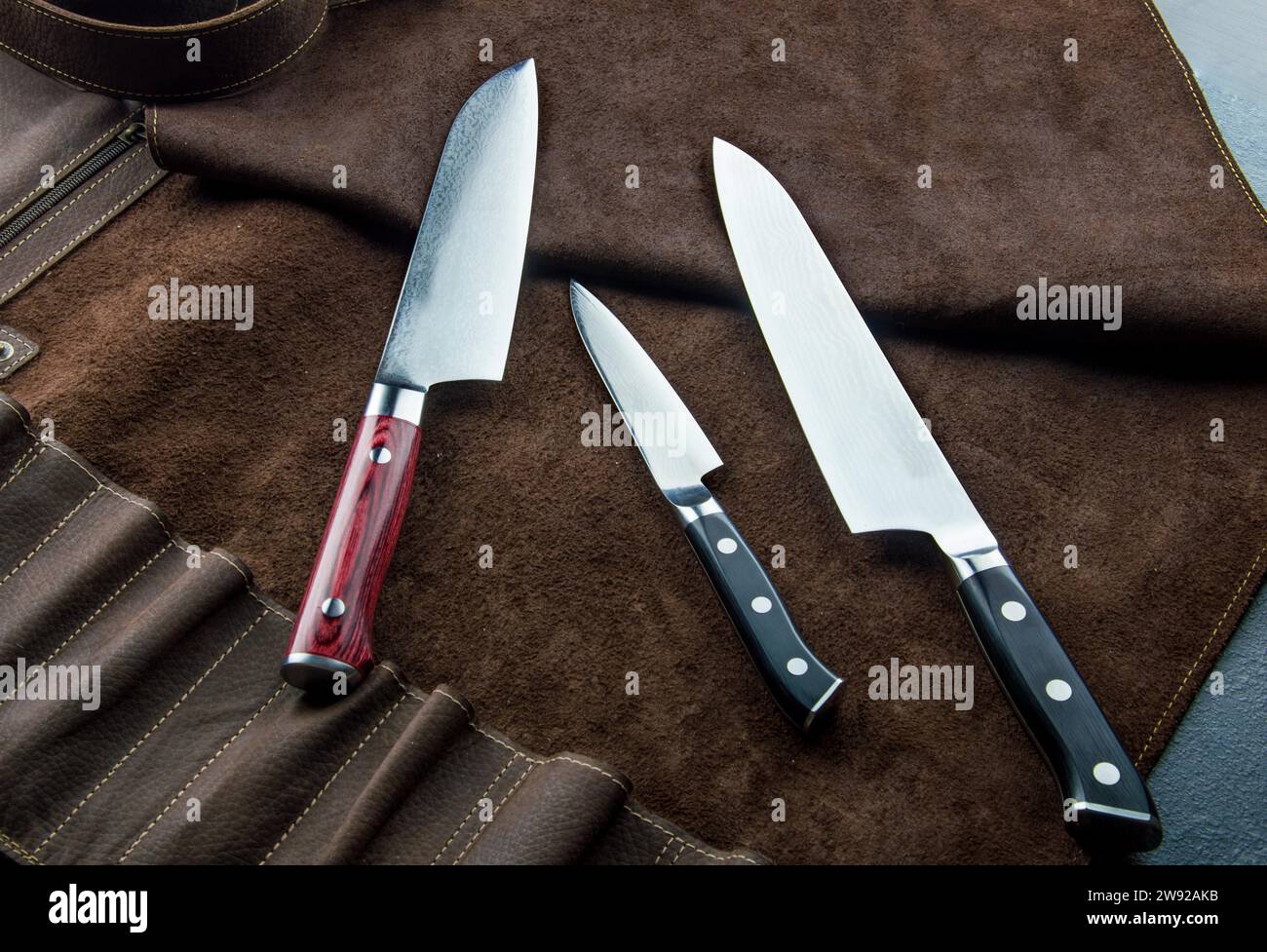 Excellent set of Japanese chef's knives from Damascus steel. View from