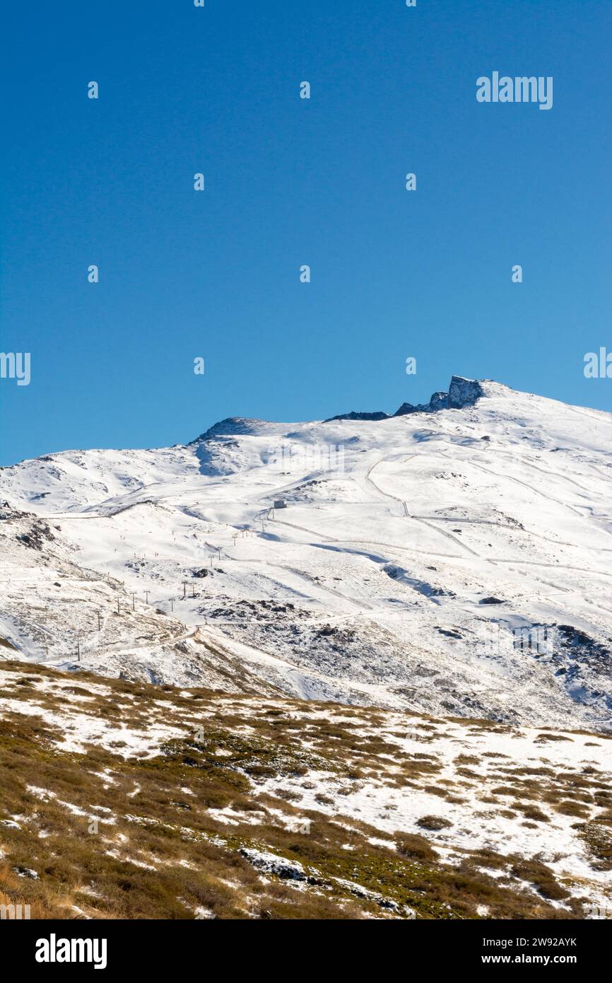 Snowy mountain. Veleta peak in Sierra Nevada Stock Photo
