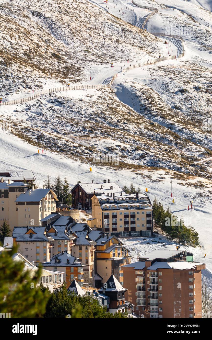 Aerial view of ski resort hotels and slopes with skiers, sierra nevada, granada, spain, seasonal concept Stock Photo