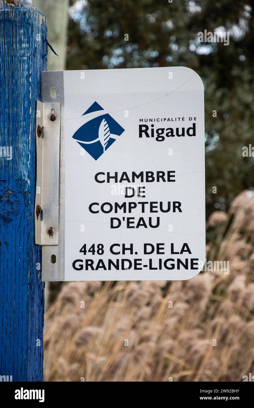 Water meter chamber sign in Rigaud, Quebec, Canada Stock Photo