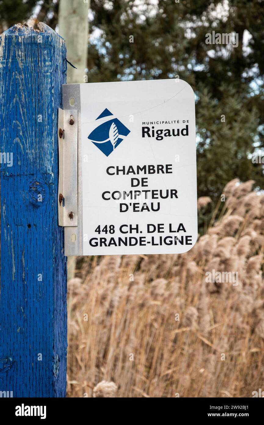 Water meter chamber sign in Rigaud, Quebec, Canada Stock Photo