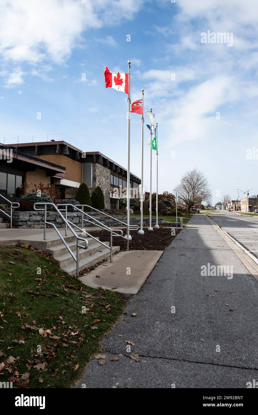 Flags flying in front of the Hawkesbury city hall in Ontario, Canada Stock Photo