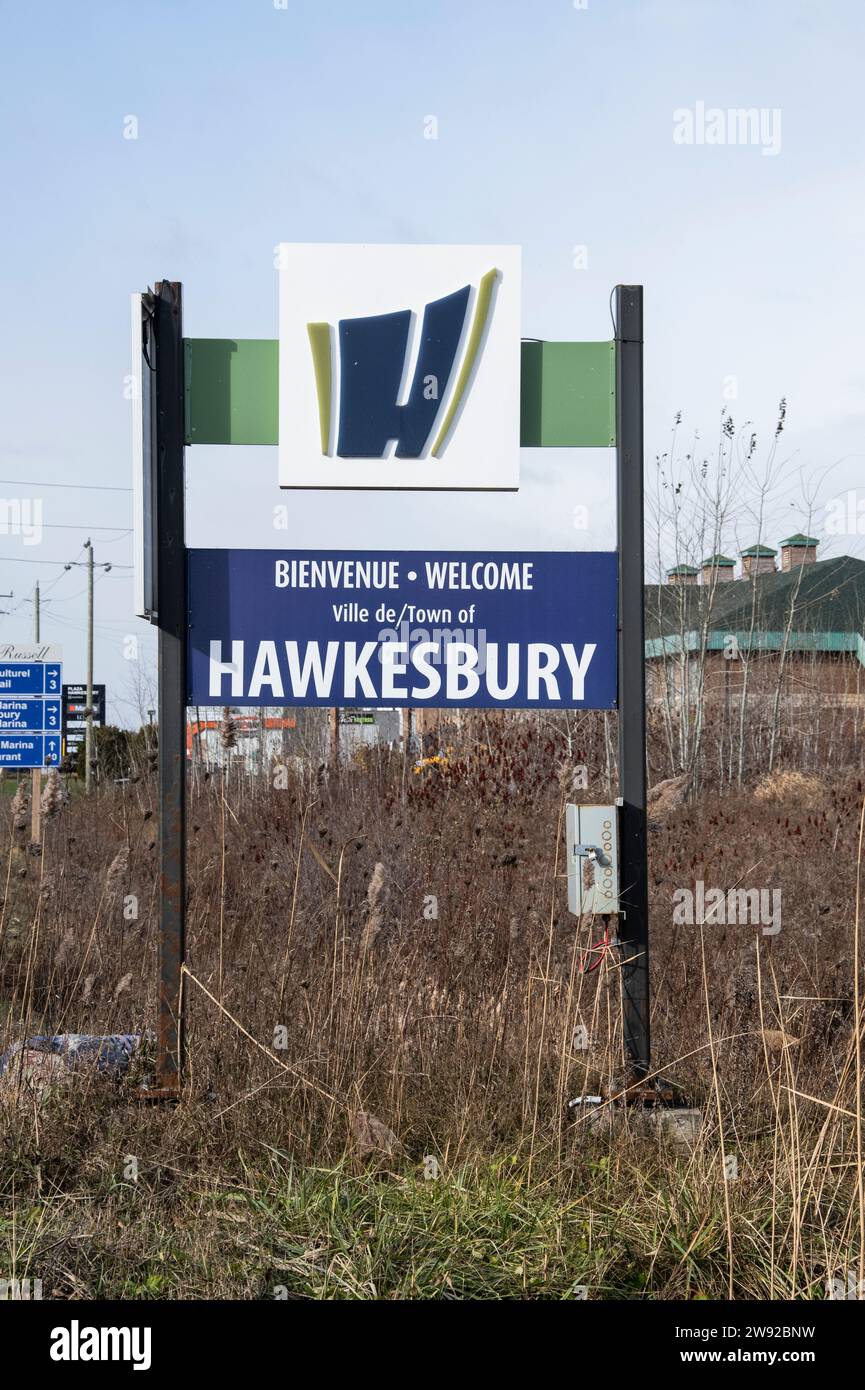 Welcome to the town of Hawkesbury sign in Ontario, Canada Stock Photo