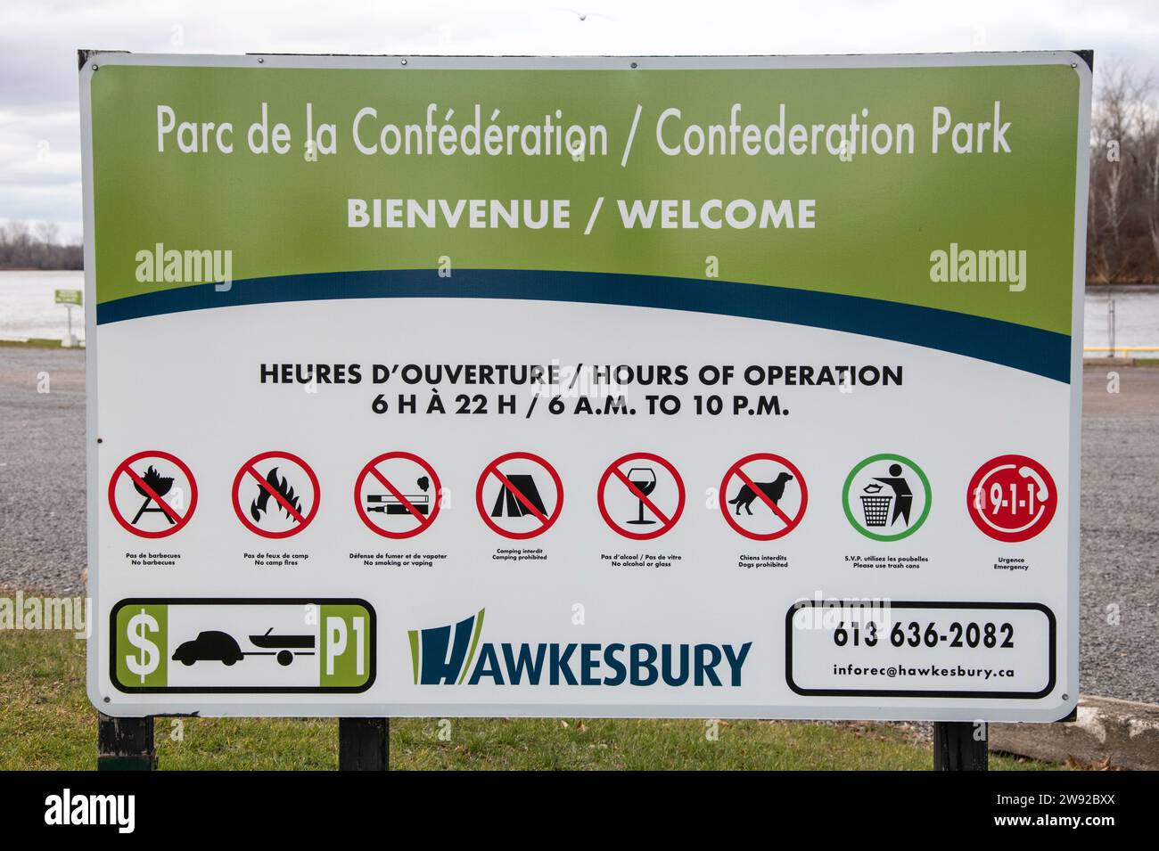 Welcome to Confederation Park sign in Hawkesbury, Ontario, Canada Stock Photo