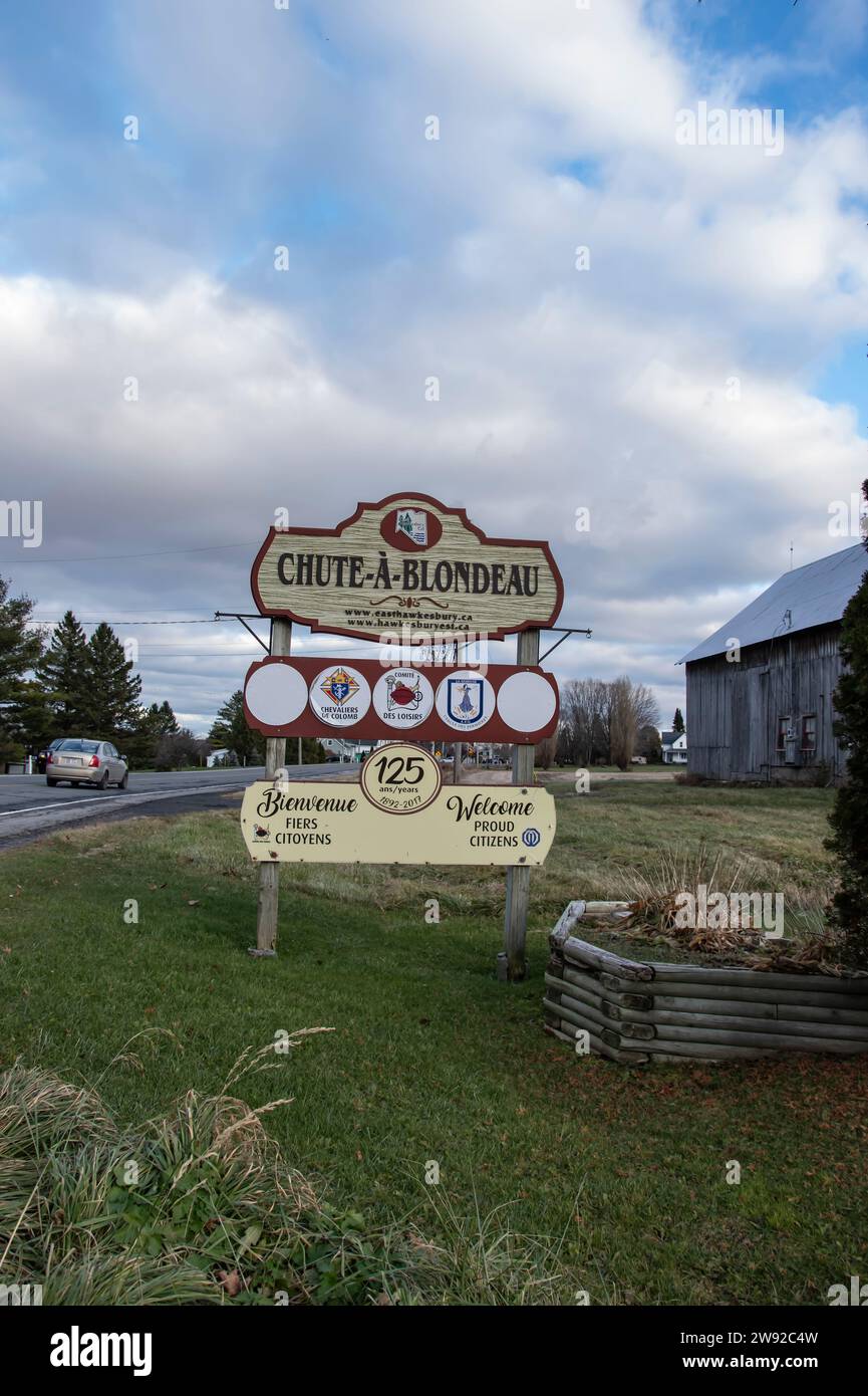 to ChuteàBlondeau sign in east Hawkesbury, Ontario, Canada