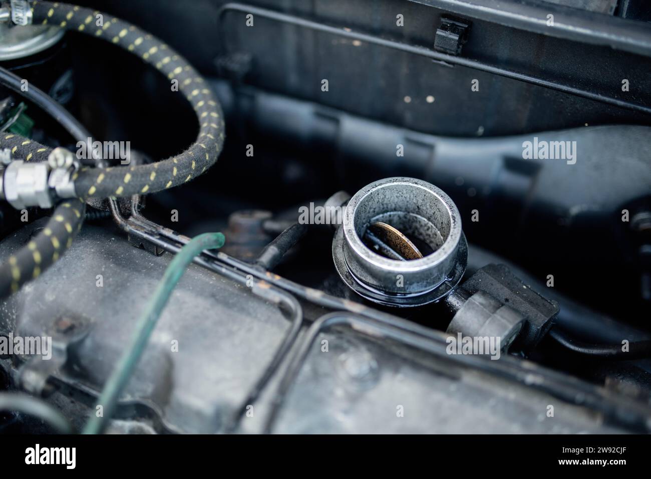 Dirty throttle valve of the car engine Stock Photo