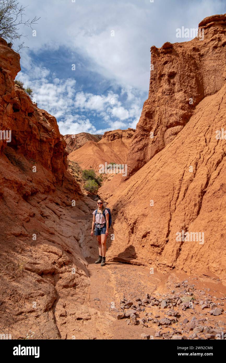 Climber in a canyon with a dry stream bed, eroded mountain landscape ...
