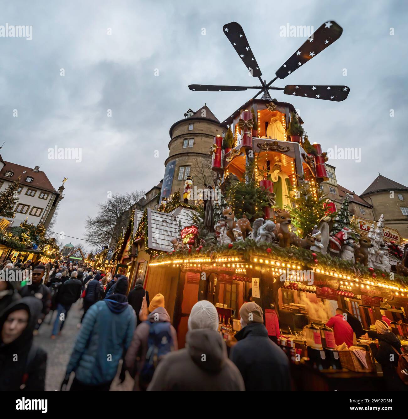 Christmas market with Christmas pyramid and Christmas lights, Schillerplatz with Old Palace, Stuttgart, Baden-Wuerttemberg, Germany Stock Photo