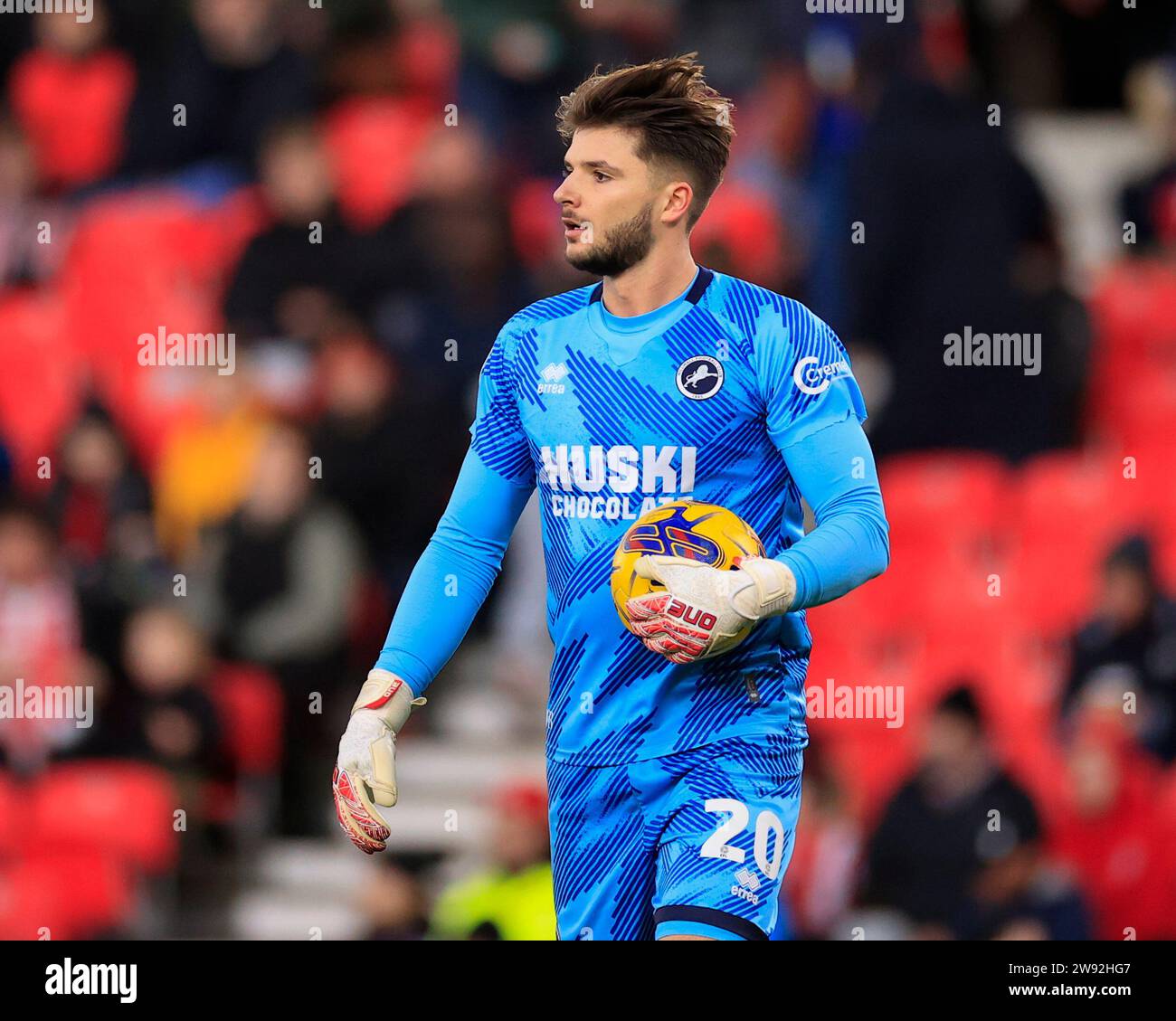 Matija Sarkic #20 of Millwall during the Sky Bet Championship match Stoke City vs Millwall at Bet365 Stadium, Stoke-on-Trent, United Kingdom, 23rd December 2023  (Photo by Conor Molloy/News Images) Stock Photo