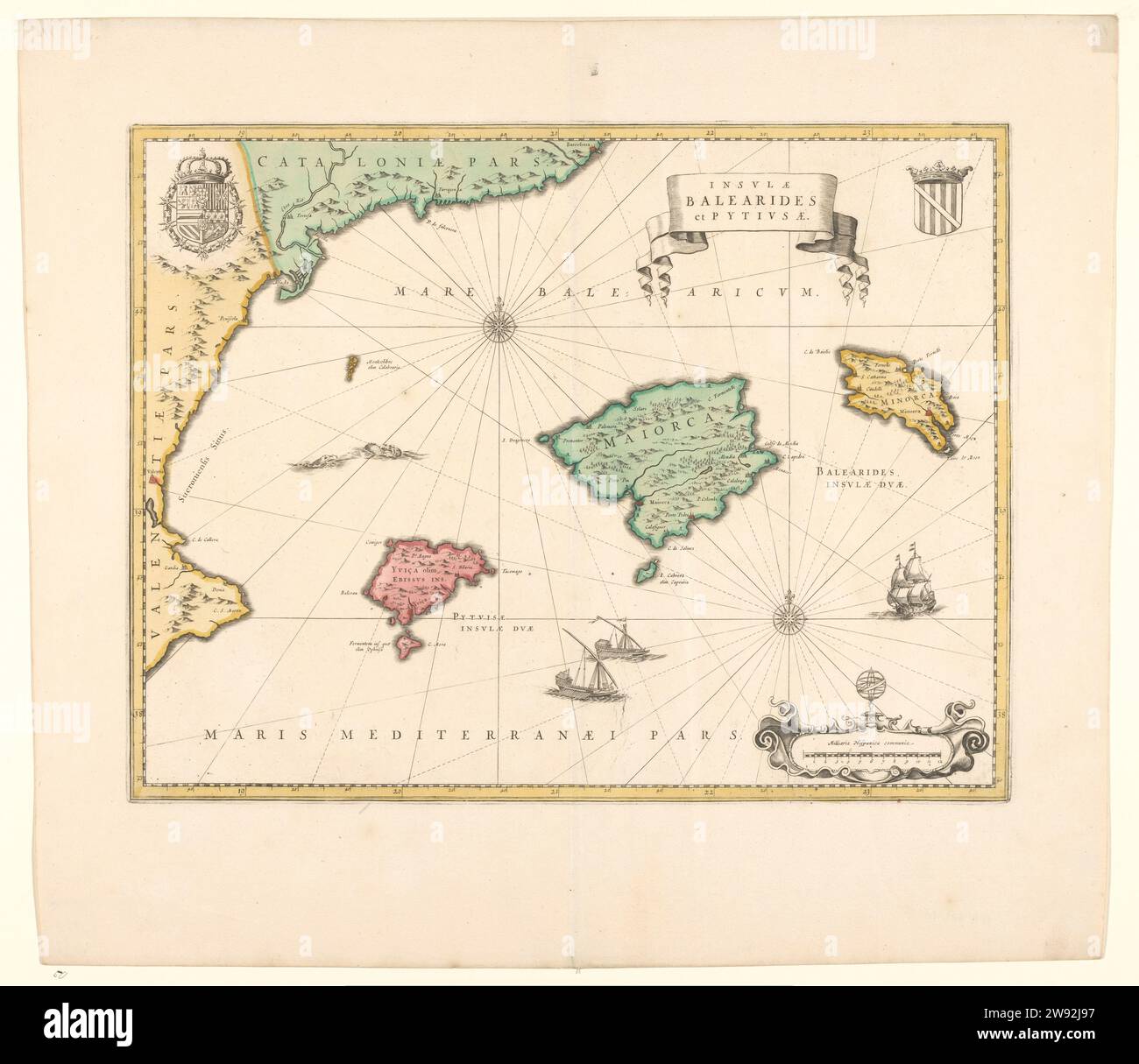 Map of the Balearic and Pityusen and Coast of Spain, Willem Janszoon Blaeu, 1600 - 1650  Map of Balearic Islands and Pityusen and part of the coast of Spain, yellow, areas colored, 2 wind roses: M.B. and r.o. Crowned coat of arms R.B., crowned coat of arms with guilder fleece l.b .. ships in the sea, r.o. Scale in Spanish miles with a globe on it. Inscription; R.B.: Insvlae / Balearides / et Pityvsae. Amsterdam paper engraving maps of separate countries or regions Whale. Spain Stock Photo