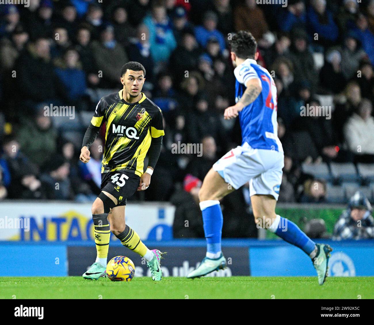 Blackburn, UK. 23rd Dec, 2023. Ryan Andrews 45# of Watford Football Club breaks forwards with the ball, during the Sky Bet Championship match Blackburn Rovers vs Watford at Ewood Park, Blackburn, United Kingdom, 23rd December 2023 (Photo by Cody Froggatt/News Images) in Blackburn, United Kingdom on 12/23/2023. (Photo by Cody Froggatt/News Images/Sipa USA) Credit: Sipa USA/Alamy Live News Stock Photo