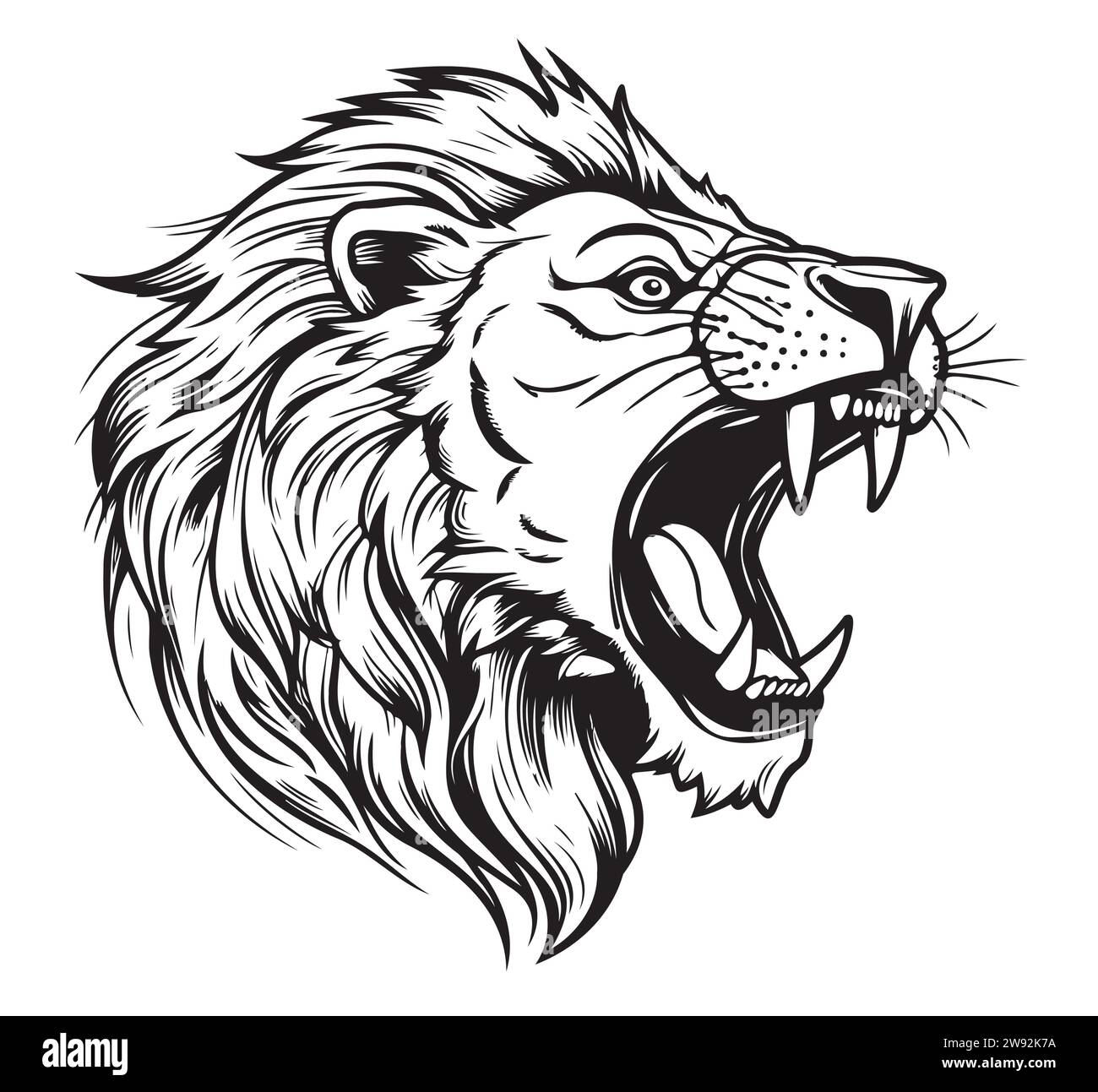 Roaring Lion face . Sketchy, graphical, black and white portrait of a lions head on a white background. Vector illustration Stock Vector