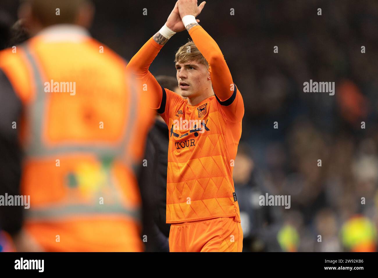 Leeds, UK. 23rd Dec 2023. Brandon Williams of Ipswich Town applauds the