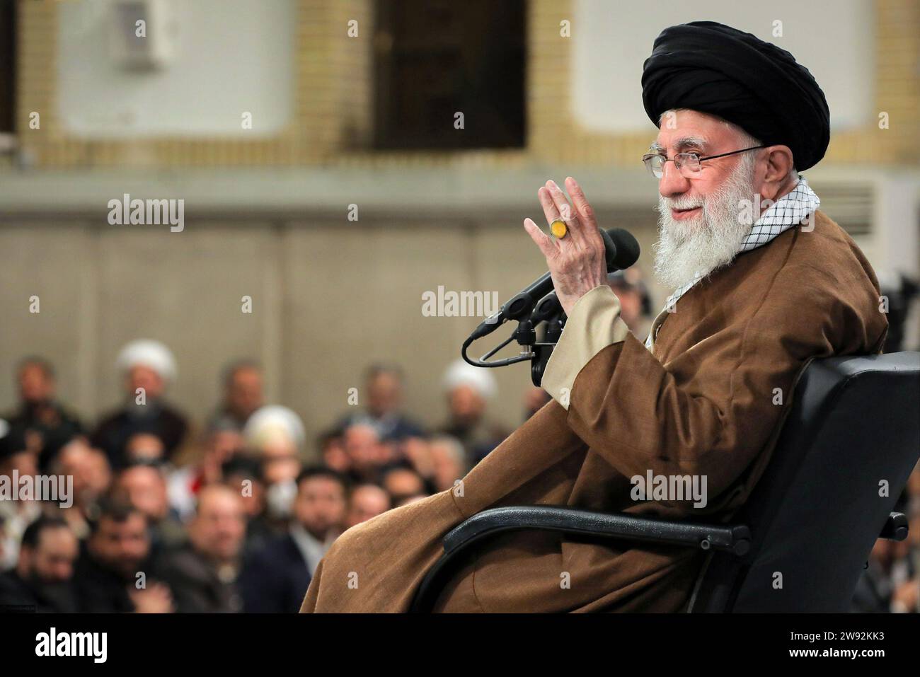 Tehran, Iran. 23rd Dec, 2023. Iranian Supreme Leader Ayatollah ALI KHAMENEI speaks during a ceremony in Tehran. Khamenei condemned Israeli strikes on Gaza adding that he is confident the Palestinian people will triumph and Israel will be eradicated. (Credit Image: © Iranian Supreme Leader'S Office via ZUMA Press Wire) EDITORIAL USAGE ONLY! Not for Commercial USAGE! Credit: ZUMA Press, Inc./Alamy Live News Stock Photo