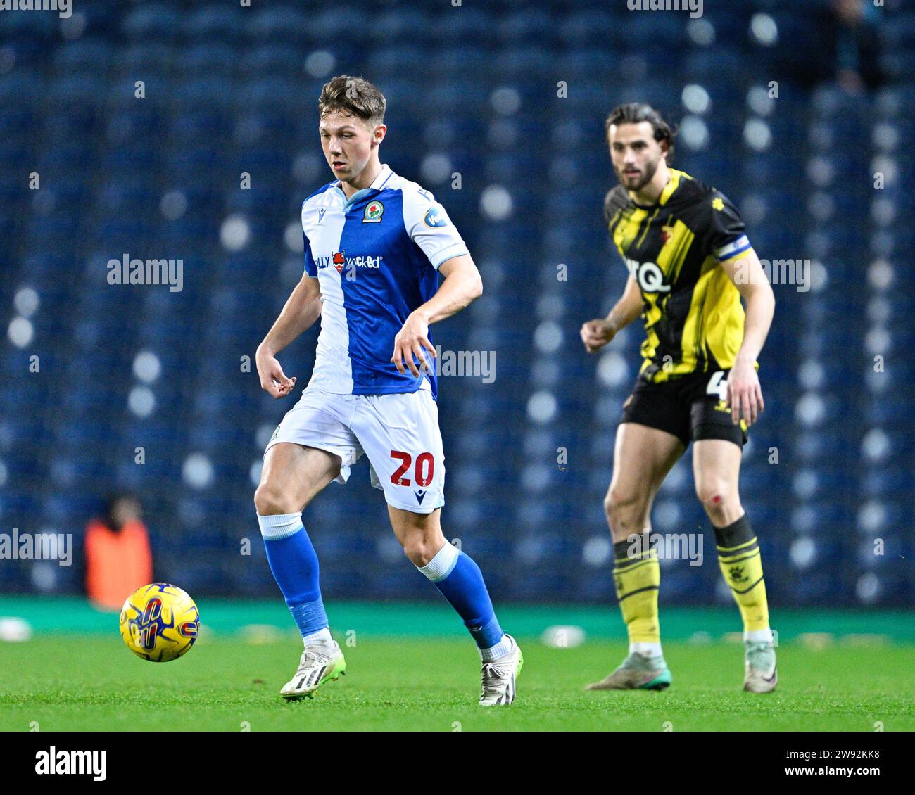 Harry Leonard #20 of Blackburn Rovers drives on the ball, during the Sky Bet Championship match Blackburn Rovers vs Watford at Ewood Park, Blackburn, United Kingdom, 23rd December 2023  (Photo by Cody Froggatt/News Images) Stock Photo