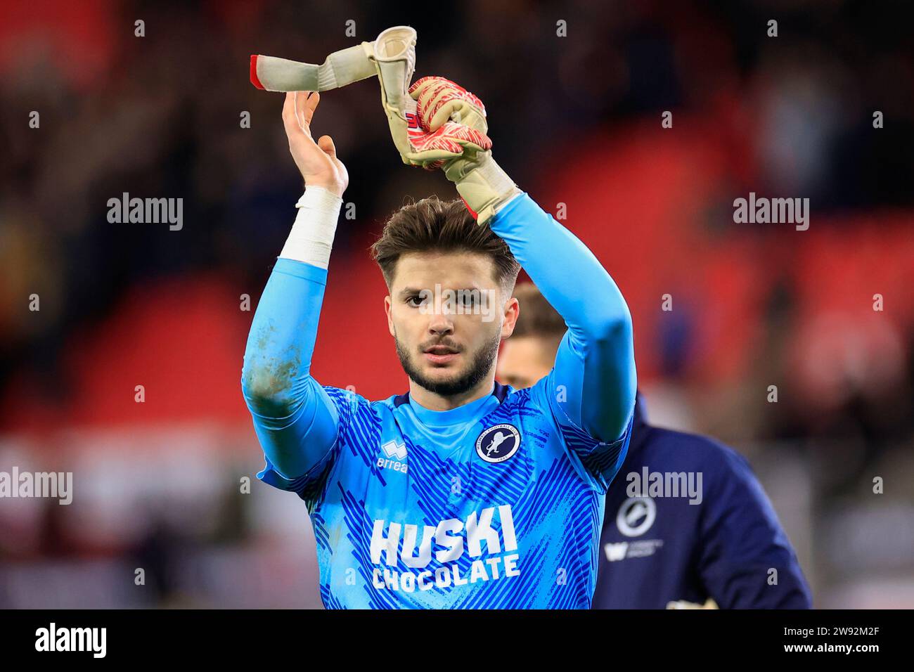 Stoke On Trent, UK. 23rd Dec, 2023. Matija Sarkic #20 of Millwall applauds the fans at the end of the Sky Bet Championship match Stoke City vs Millwall at Bet365 Stadium, Stoke-on-Trent, United Kingdom, 23rd December 2023 (Photo by Conor Molloy/News Images) in Stoke-on-Trent, United Kingdom on 12/23/2023. (Photo by Conor Molloy/News Images/Sipa USA) Credit: Sipa USA/Alamy Live News Stock Photo