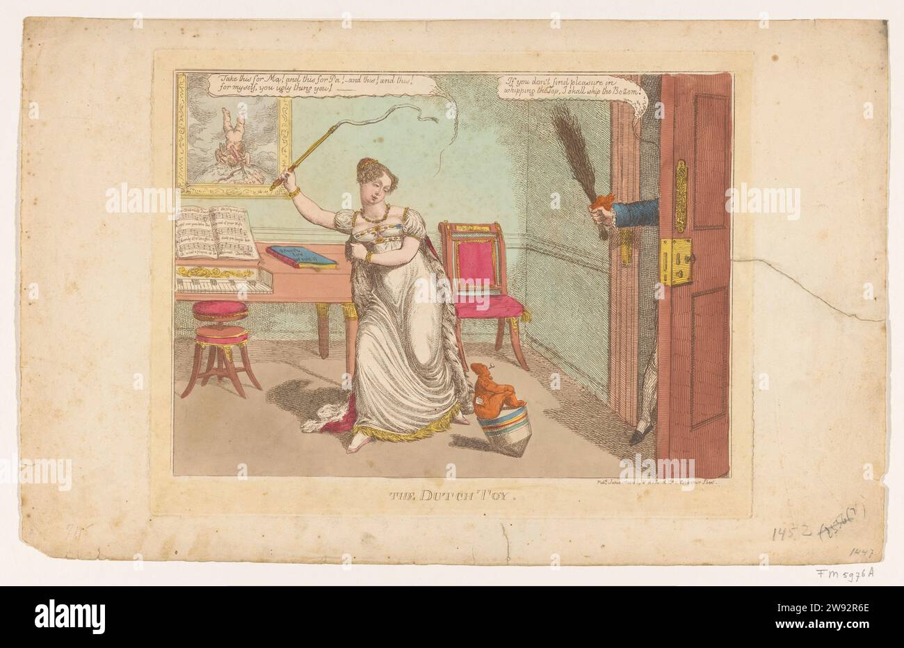 De Hollandse Tol, 1814, Charles Williams, 1814 print Cartoon on Willem Frederik George Lodewijk, Prince of Oranje-Nassau (later King Willem II), presented as a small figure sitting on top of a toll by the English princess Charlotte with a whip. A figure coming through the door on the right, the princess provides a branch forest to hit. Room interior with a piano on the left and above it a painting by Cupido that is upside down on top of the globe. Charlotte broke her engagement with the Prince of Orange in May 1814. See Pendant. London paper etching whipping a top. unsuccessful love affair; se Stock Photo