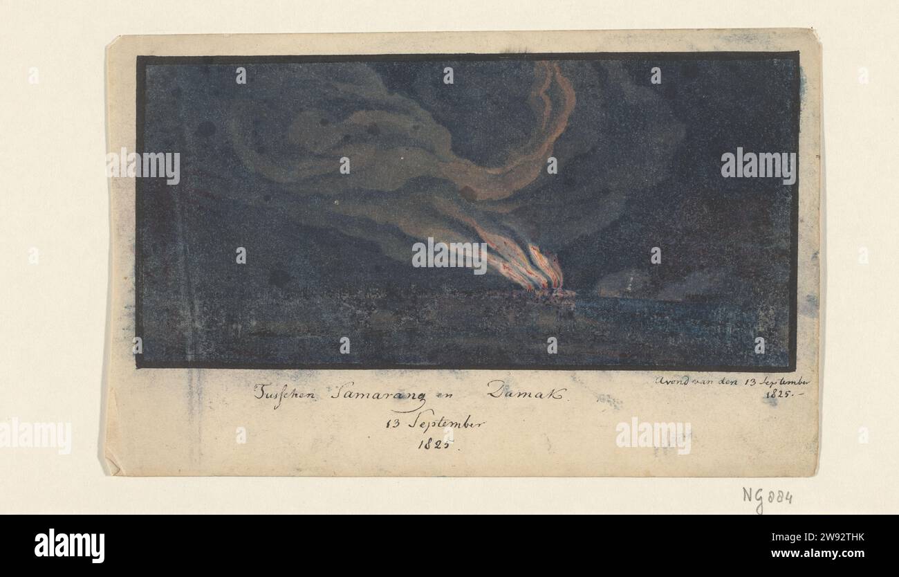 Fire in a landscape on Middle Java, 1825, Anonymous, 1825 drawing Fire in a dark environment between the towns of Semarang and Demak on Midden-Java, in the evening of September 23, 1825. Probably an event during the Java War. Middle Java paper. watercolor (paint) brush on fire, ablaze. village Semarang. Demak Stock Photo