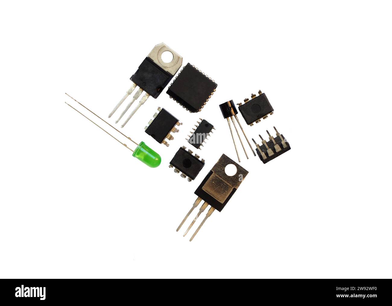 Electronic semiconductor components. Integrated circuits, transistors, light emitting diode. Stock Photo