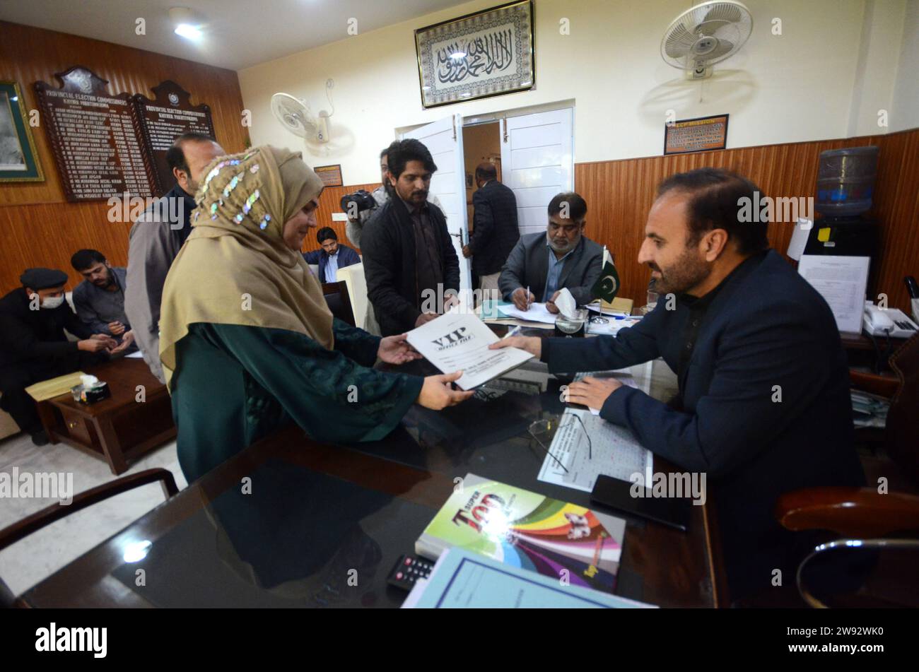 Peshawar, Peshawar, Pakistan. 23rd Dec, 2023. Pakistan Election Commission began receiving nomination papers for the upcoming general elections .PESHAWAR, PAKISTAN, DECEMBER, 23: The electoral process in Pakistan has commenced as the Election Commission began receiving nomination papers for the upcoming general elections scheduled for 08 February 2024. With over 128.5 million registered voters, candidates from 175 political and religious parties will vie for 266 National Assembly seats and 593 Provincial Assembly seats. The Election Commission's schedule includes the filing of nomination p Stock Photo