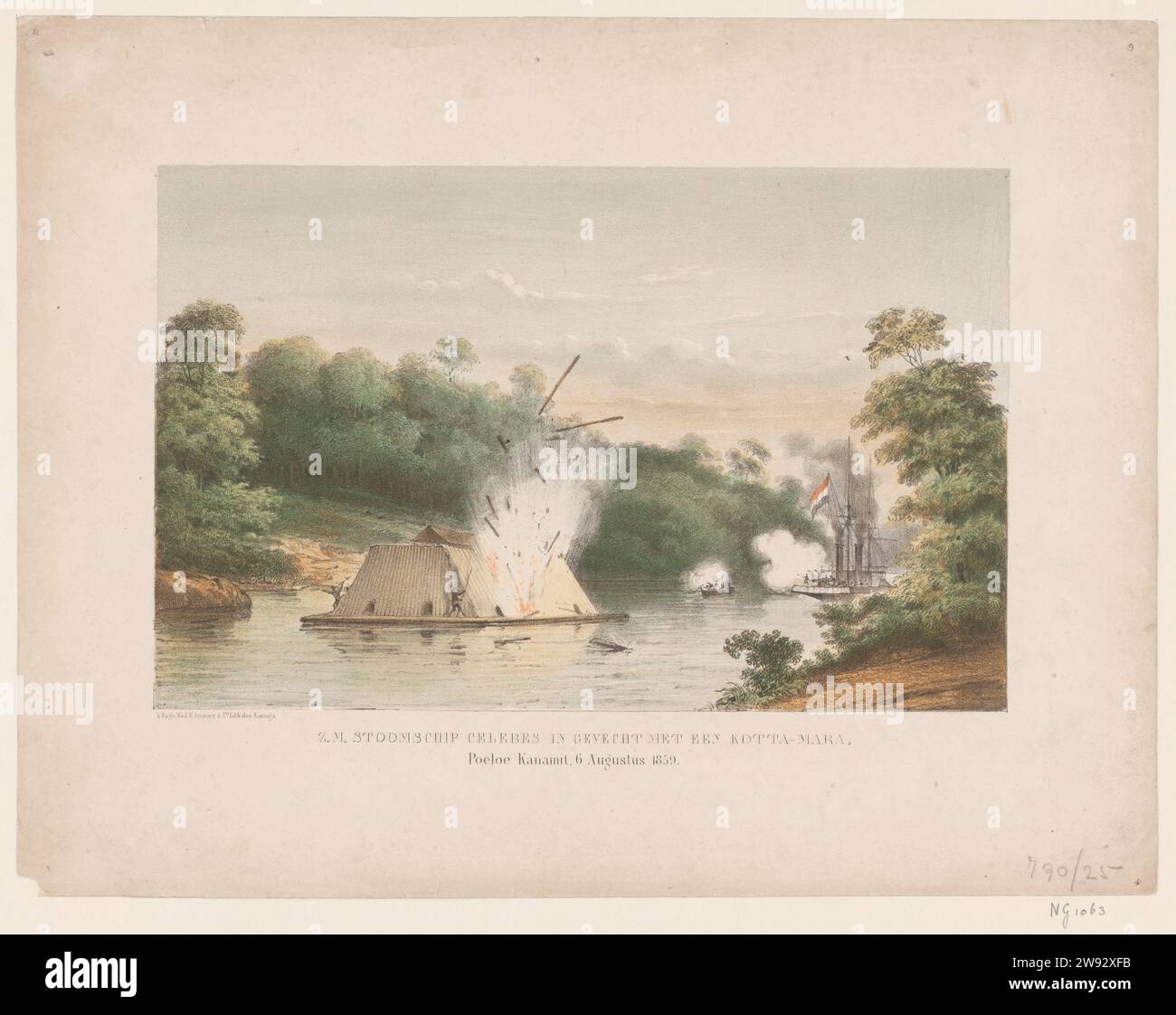 Z.M. Steamship Celebes in fight with a Kotta-Mara. Poeloe Kanamit, August 6, 1859, widow Elias Spanier & Zn, 1865 - 1867 print The Raderstoomschip Z.M. Celebes in fight with a so-called Kotta-Mara at Pulau Kanamit on Borneo during the Bandjarmasin war, August 6, 1859. River landscape with a Kotta-Mara on the water with two Borneose men on board. The ship is hit by the shelling by the steamship Celebes that the Dutch flag carries and a sloop, of which smoke clouds (from guns) take off. The Hague paper  battle (+ naval force). steamship, motorship Borneo Stock Photo