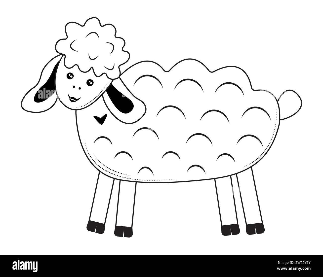 Cute sheep, curious and happy farm animal, vector black and white illustration Stock Vector