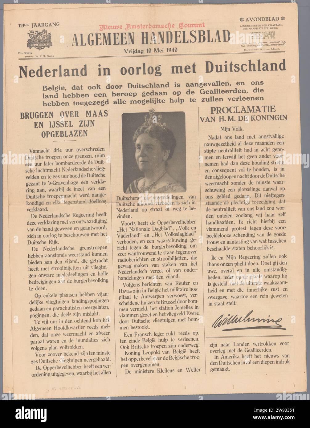 Algemeen Handelsblad, 10 May 1940, Algemeen Handelsblad, 1940  Newspaper, 12 pp; No. 37104, 113rd volume of the Algemeen Handelsblad, about the German robbery in the Netherlands and the first measures of the occupier. Marked; L.B.: Weapon with saying: 'Lux et libertas'. Dated. Inscription; b.: 'The Netherlands at war with Germany'. Amsterdam paper printing  Netherlands Stock Photo