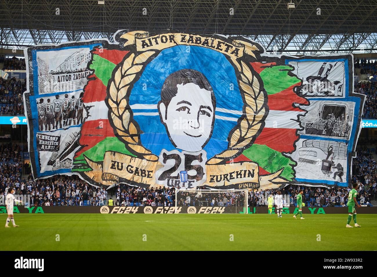 Real Sociedad fans show a banner in memory of Aitor Zabaleta during the LaLiga EA Sports match between Real Sociedad and Real Betis Balompie at Reale Stock Photo