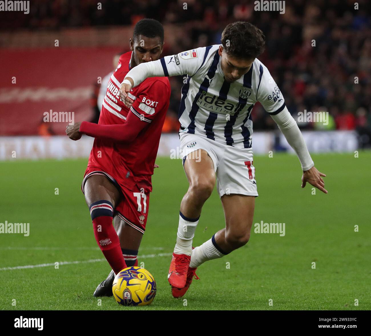 Middlesbrough, UK. 23rd Dec 2023. West Bromwich Albion's Jeremy Sarmiento in action with Middlesbrough's Isaiah Jones during the Sky Bet Championship match between Middlesbrough and West Bromwich Albion at the Riverside Stadium, Middlesbrough on Saturday 23rd December 2023. (Photo: Mark Fletcher | MI News) Credit: MI News & Sport /Alamy Live News Stock Photo