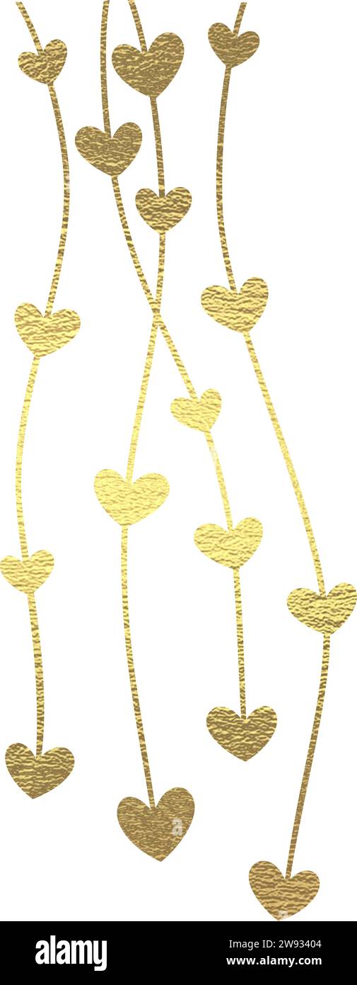 golden hearts garland with transparent background. Gold foil texture