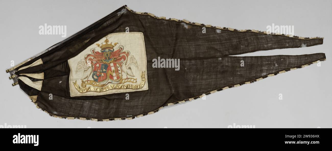Mourning wimpy strip with bronze tires, anonymous, 1767 - 1798  Black pennant. Fixed to legs strip on the trouser side. The pants are made up of eight truncated triangles, which are wrinkled wrinkled to the leg, creating a convex shape. A white rectangle is sewn in black, with the weapons of Gerrit de Graeff and Christina van Herzeele, under a helmet in blue with ocher against red praise. Above a crown with five points: three with fleurons, two with pearls, alternating, and above the middle one upright trowel with ocher -colored handle and blue scoop. Sides of the weapons a swan. All this is o Stock Photo
