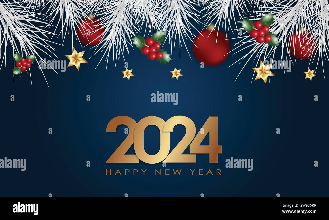 Happy New Year 2024 Elegant gold text with balloons and confetti